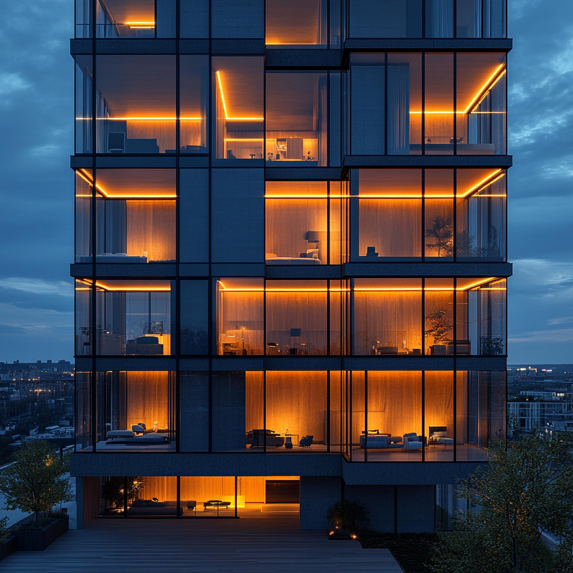 faţadă modernă a unui bloc de apartamente, seară iluminată